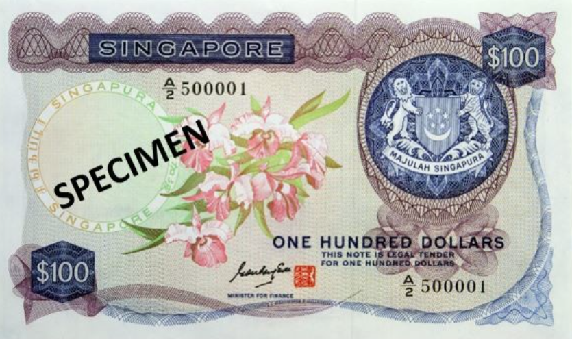 A $100 note from the first series of Singapore's currency, The Orchid Series, launched in1967.
